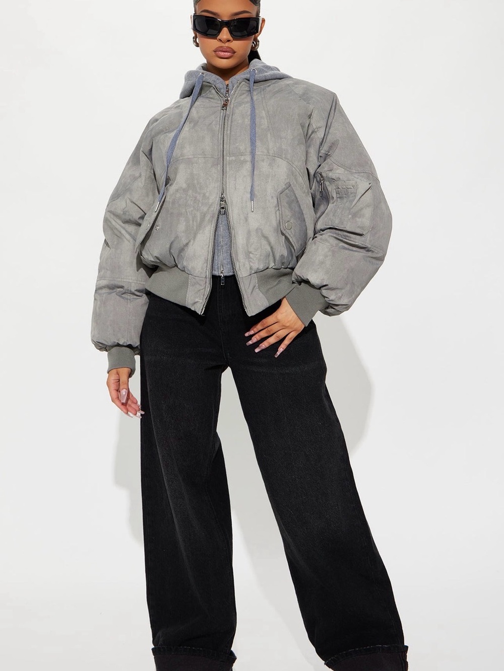 Fashion Nova Oversized Grey Hooded Bomber Jacket - Picture 3 of 3